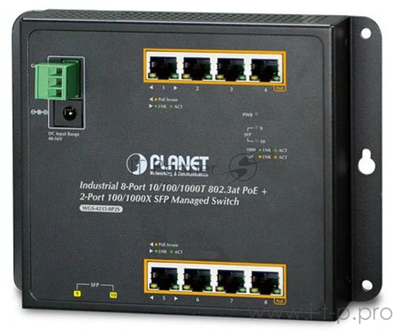 Индустриальный коммутатор WGS-4215-8P2S IP30, IPv6/IPv4, 8-Port 1000T 802.3at PoE + 2-Port 100/1000X SFP Wall-mount Managed Ethernet Switch (-40 to 75 C, dual power input on 48-56VDC terminal block and power jack, SNMPv3, 802.1Q VLAN, IGMP Snooping,