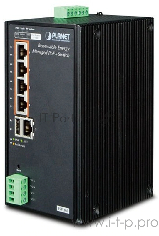 коммутатор PLANET BSP-360 IP30 Industrial Renewable Energy 4-Port 10/100/1000T 802.3at PoE+ Managed Ethernet Switch. (-10 to 60 degree C, 4-Port Gigabit 802.3at PoE+ injector + 1-Port Gigabit Ethernet 24V/1A DC output, Web management
