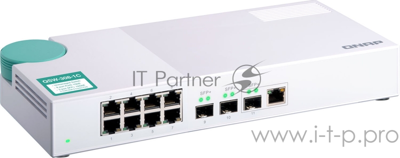 Коммутатор QNAP QSW-308-1C Unmanaged 10 Gb / s switch with 3 SFP + ports, of which 1 is combined with RJ-45, and 8 1 Gb / s RJ-45 ports, bandwidth up to 76 Gb / s, support JumboFrame