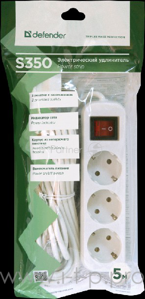 Сетевые фильтры Defender Удлинитель S350 5.0 м, 3 розетки 99235 выключатель, с заземлением