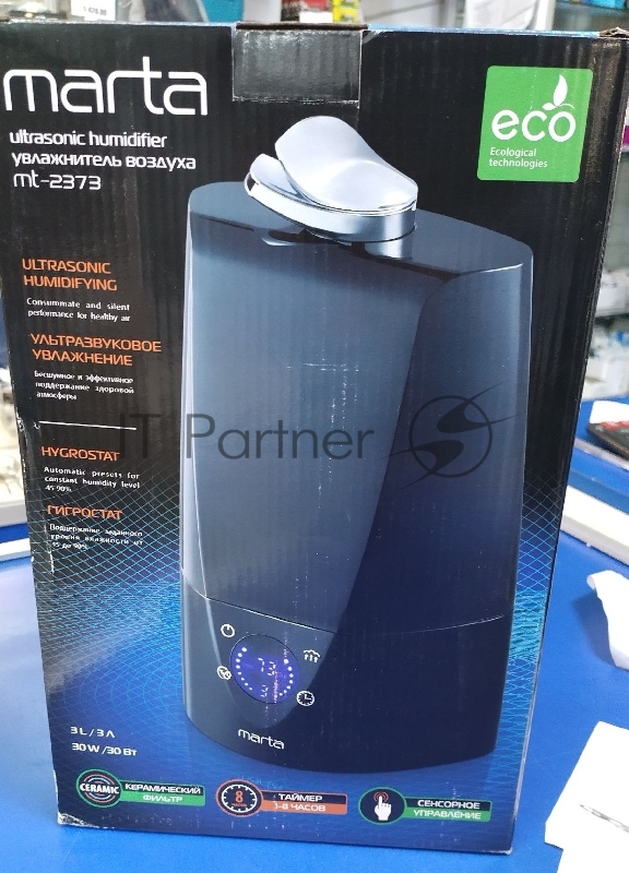 Увлажнитель воздуха MARTA MT-2373 30W, ультразвуковой, 3л., Сенсорное управление, до 350мл/час, керамический фильтр, работа до 24 ч, таймер 1, 2, 4, 8 ч, отключение без воды, три режима, гигростат, площадь до 40м2..