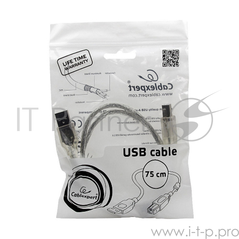 Кабель Cablexpert Кабель USB 2.0 Pro, AM/BM, 0,75м, экран, 2 феррит.кольца, прозрачный (CCF-USB2-AMBM-TR-0.75M)