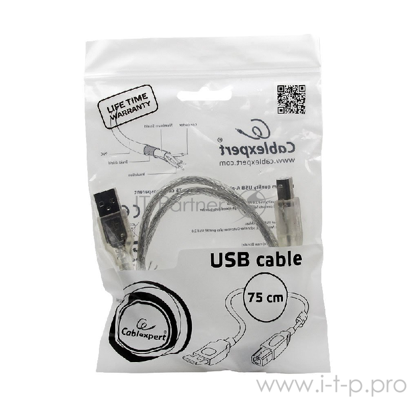 Кабель Cablexpert Кабель USB 2.0 Pro, AM/BM, 0,75м, экран, 2 феррит.кольца, прозрачный (CCF-USB2-AMBM-TR-0.75M)