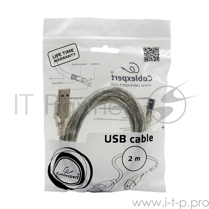 Кабель Cablexpert Кабель USB 2.0 Pro, AM/BM, 2м, экран, 2 феррит.кольца, прозрачный (CCF-USB2-AMBM-TR-2M)