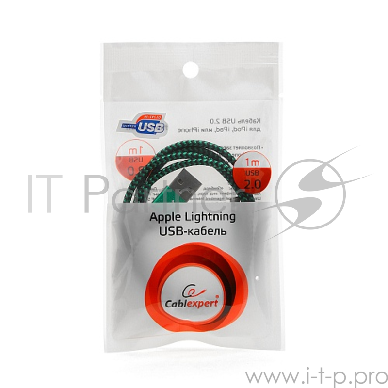 Кабель Gembird Кабель USB 2.0 Cablexpert CC-ApUSB2gn1m, AM/Lightning 8P, 1м, нейлоновая оплетка, алюминиевые разъемы, зеленый, пакет
