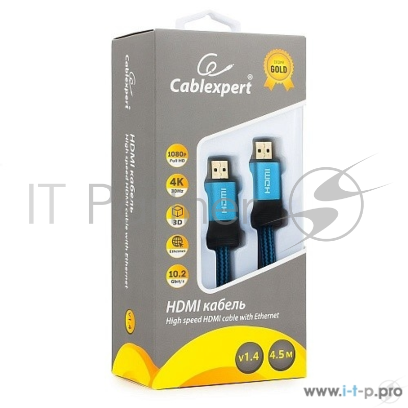Кабель Кабель HDMI Cablexpert, серия Gold, 4,5 м, v1.4, M/M, синий, позол.разъемы, алюминиевый корпус, нейлоновая оплетка, коробка (CC-G-HDMI01-4.5M)