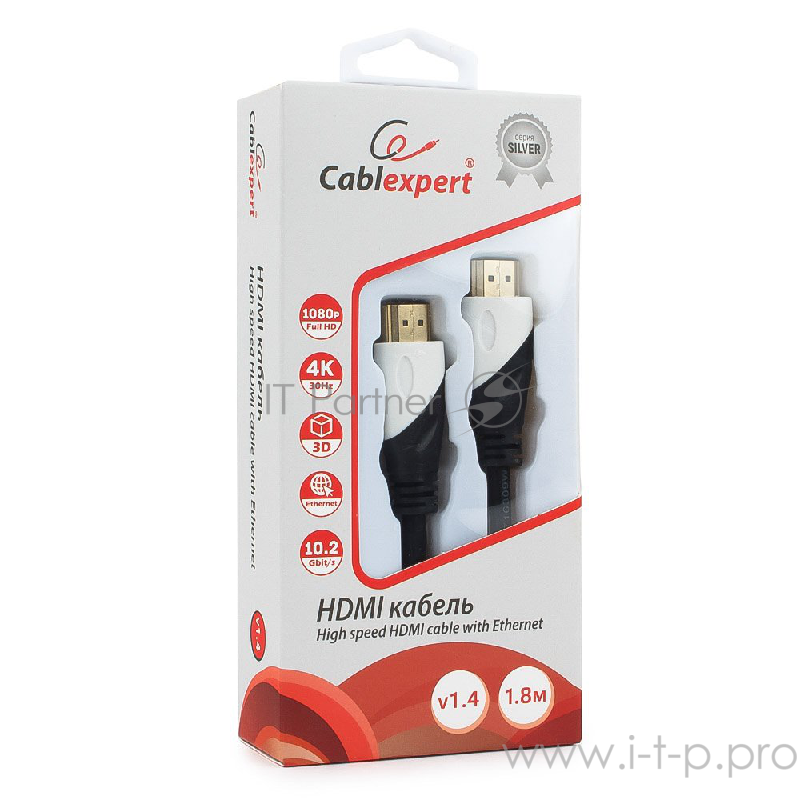 Кабель Кабель HDMI Cablexpert, серия Silver, длина 1,8 м, v1.4, M/M, позол.разъемы, коробка (CC-S-HDMI02-1.8M)
