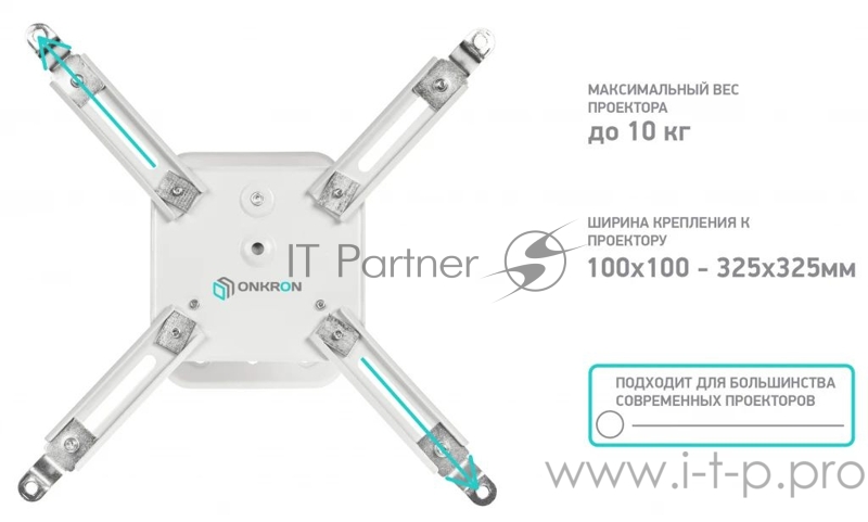 Кронштейн для проектора Onkron K2A белый макс.10кг потолочный поворот и наклон