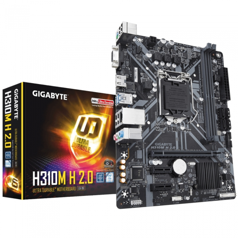 Материнская плата Gigabyte H310M H / H310M H 2.0, Socket 1151, Intel®H310, 2xDDR4-2666, D-SUB+HDMI, 1xPCI-Ex16, 2xPCI-Ex1, 4xSATA3, 8 Ch Audio, GLan, (4+2)xUSB2.0, (2+2)xUSB3.1, 1xPS/2, mATX, RTL, {10}