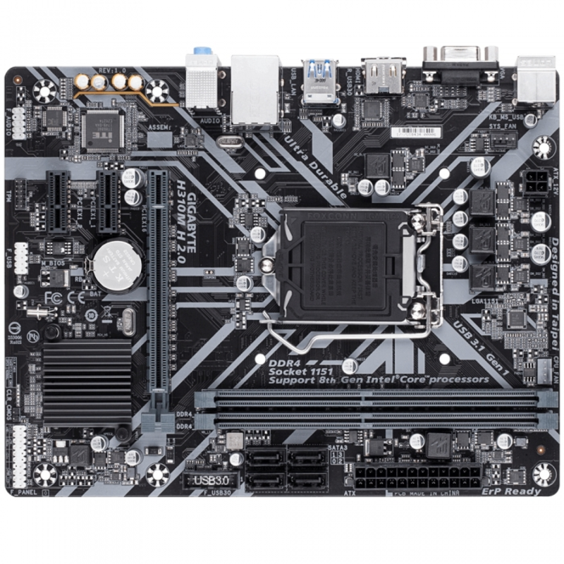 Материнская плата Gigabyte H310M H / H310M H 2.0, Socket 1151, Intel®H310, 2xDDR4-2666, D-SUB+HDMI, 1xPCI-Ex16, 2xPCI-Ex1, 4xSATA3, 8 Ch Audio, GLan, (4+2)xUSB2.0, (2+2)xUSB3.1, 1xPS/2, mATX, RTL, {10}