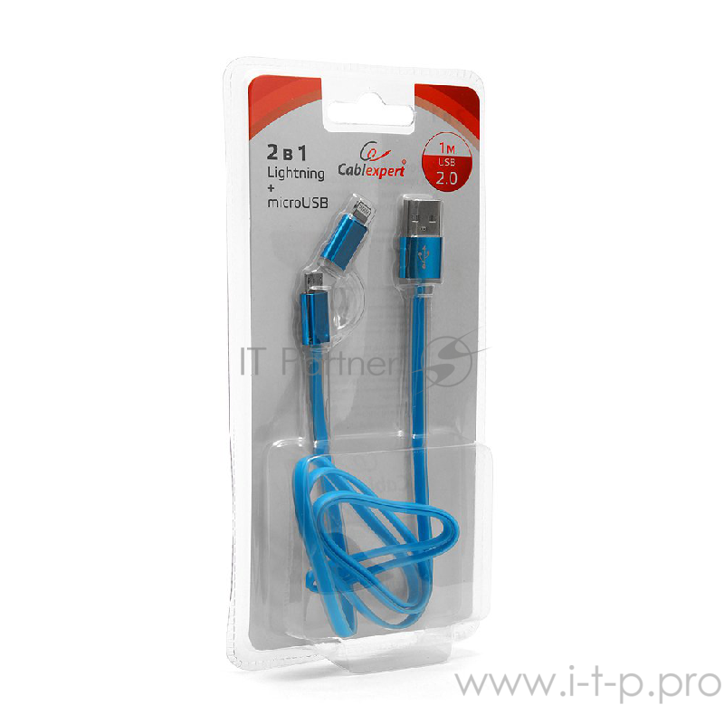 Кабель Cablexpert Кабель USB 2.0 CC-mAPUSB2bl1m, AM/microBM 5P - iPhone lightning, 1м, комбо кабель, алюминиевые разъемы, голубой, блистер