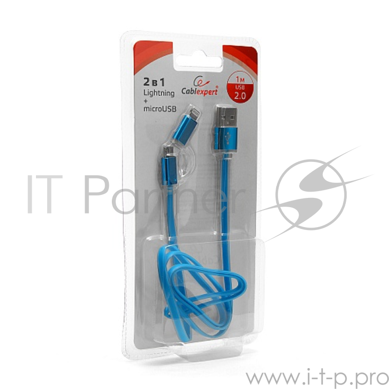 Кабель Cablexpert Кабель USB 2.0 CC-mAPUSB2bl1m, AM/microBM 5P - iPhone lightning, 1м, комбо кабель, алюминиевые разъемы, голубой, блистер
