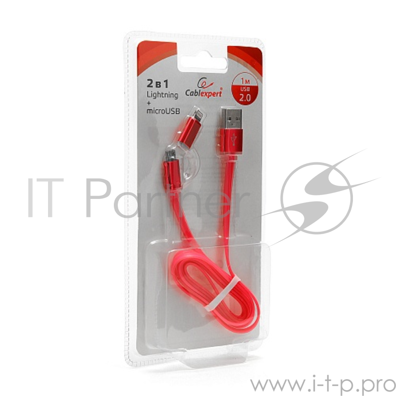 Кабель Cablexpert Кабель USB 2.0 CC-mAPUSB2pk1m, AM/microBM 5P - iPhone lightning, 1м, комбо кабель, алюминиевые разъемы, розовый, блистер