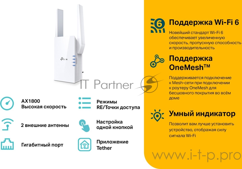 Повторитель беспроводного сигнала TP-Link RE605X AX1800 Wi-Fi белый