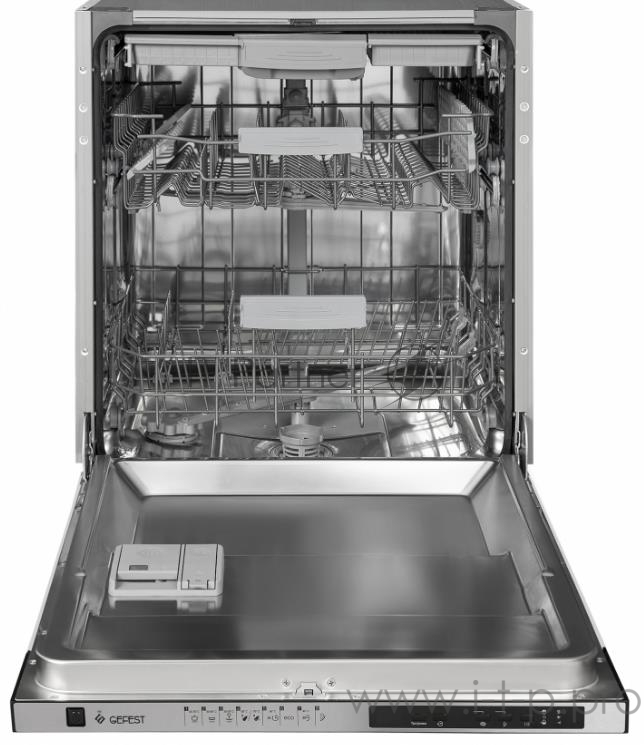 Посудомоечная машина Гефест 60312 полностью встраиваемая, вместимость - 15 комплектов посуды, лоток для столовых приборов, 4 полки, 8 программ мойки, система оптической индикации