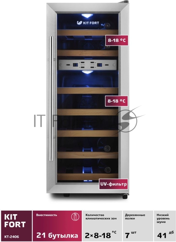 Винный шкаф Kitfort КТ-2406 нержавеющая сталь (двухкамерный)