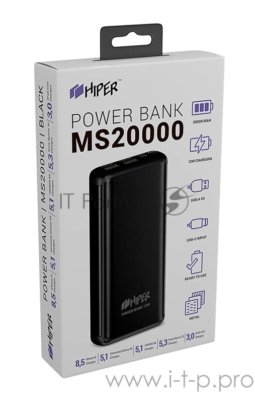 Мобильный аккумулятор Hiper MS20000 Black Li-Pol 20000mAh 2.4A+2.4A+2.4A+2.4A черный 4xUSB материал пластик
