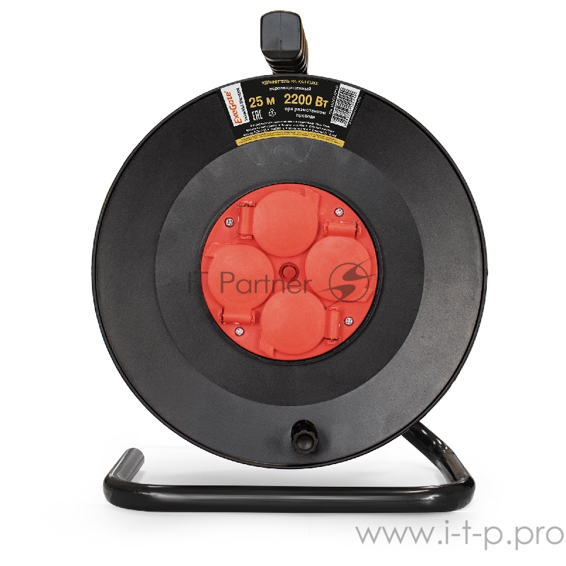 Удлинитель на катушке ExeGate EX286338RUS industrial ECS-2-1R (4 евророзетки с заземлением и с защитными крышками, IP44, 25м, защита от детей, защита от перегрузки, 3х1,0мм2, 10А/2.2кВт)