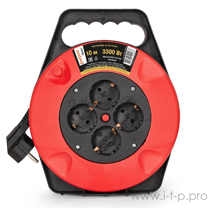 Удлинитель на катушке ExeGate EX286337RUS Master ECS-1-1.5B (4 евророзетки с заземлением, 10м, защита от детей, защита от перегрузки, 3х1,5мм2, 15А/3.3кВт)