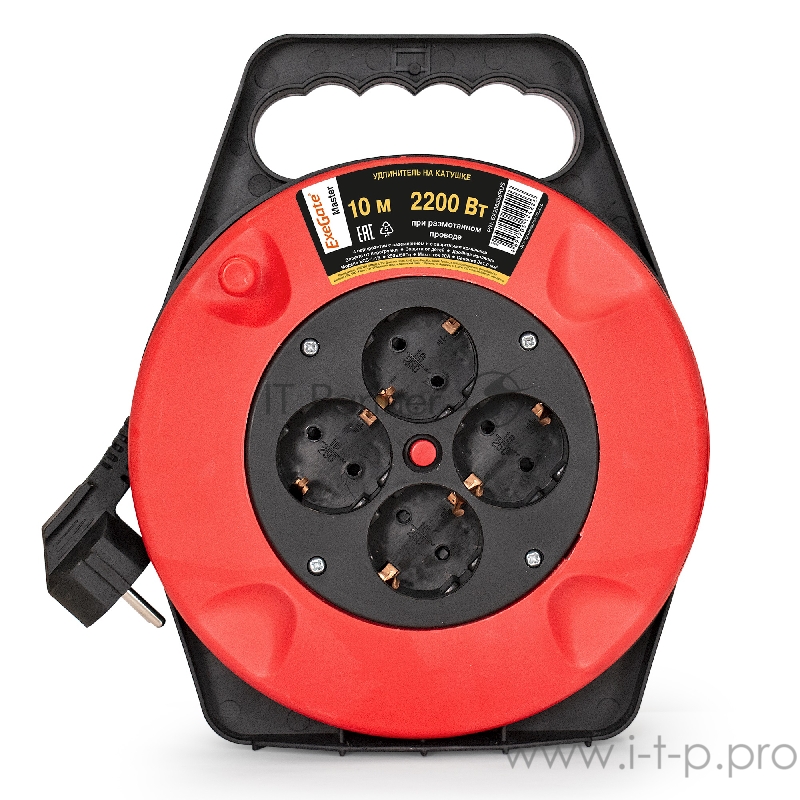 Удлинитель на катушке ExeGate EX286336RUS Master ECS-1-1B (4 евророзетки с заземлением, 10м, защита от детей, защита от перегрузки, 3х1,0мм2, 10А/2.2кВт)