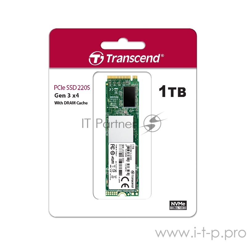 Твердотельный накопитель Transcend MTE220S SSD 1TB, 3D TLC, M.2 (2280), PCIe Gen 3.0 x4, NVMe, R3400/W1900, TBW 2200