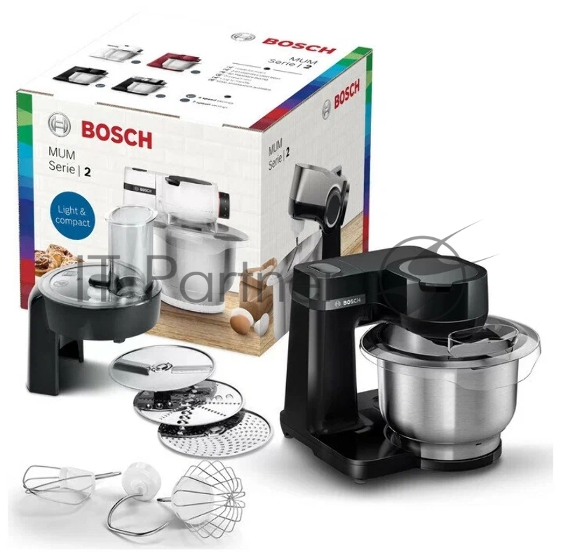 BOSCH MUMS2EB01 Кухонный комбайнКухонная машина, 700 Вт, 4 скорости, металл чаша 3,8 л, крюк, венчик для взбивания, венчик для смешивания, мультарезка с 3-мя дисками, цвет - черный
