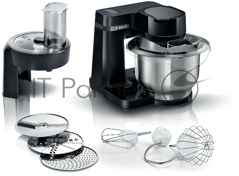 BOSCH MUMS2EB01 Кухонный комбайнКухонная машина, 700 Вт, 4 скорости, металл чаша 3,8 л, крюк, венчик для взбивания, венчик для смешивания, мультарезка с 3-мя дисками, цвет - черный