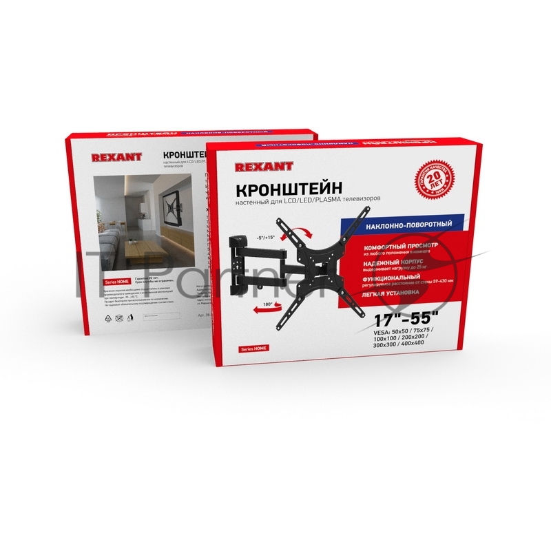 Кронштейн для телевизора 17-55, наклонно-поворотный REXANT