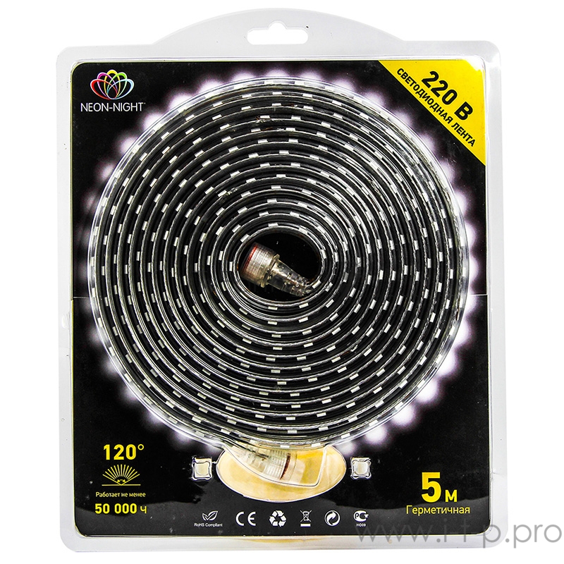 LED лента 220В, 10*7 мм, IP67, SMD 3528, 60 LED/m Белая, блистер 5 м