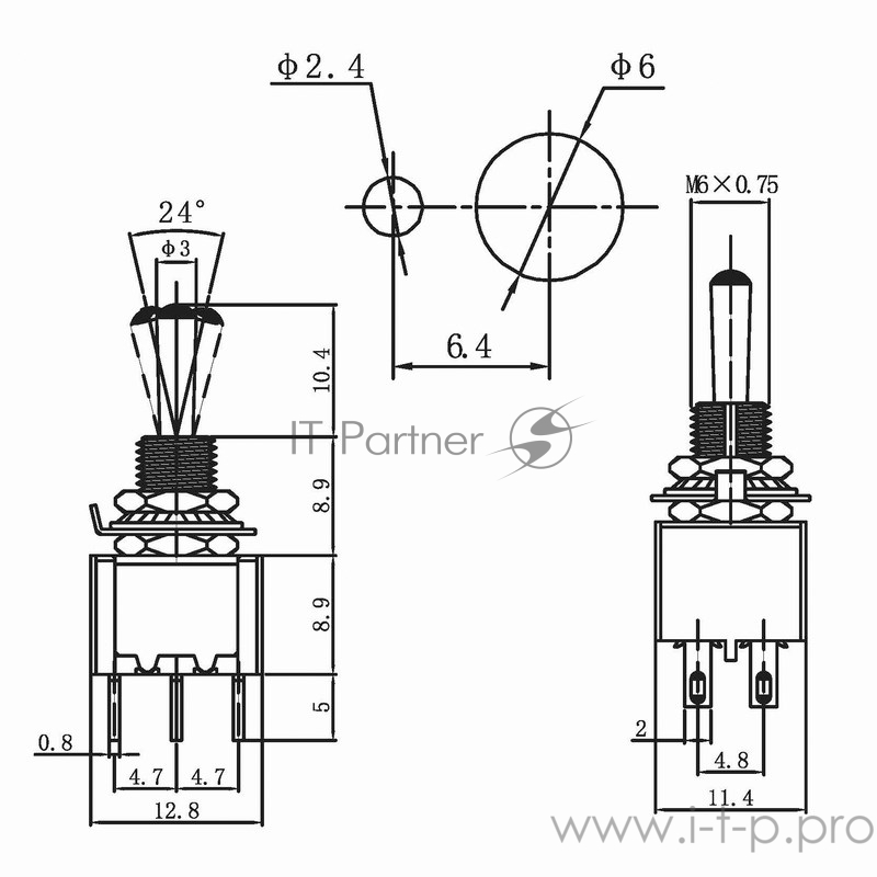 Тумблер 250V 3А (6c) ON-ON двухполюсный Micro (MTS-202) REXANT Индивидуальная упаковка 1 шт