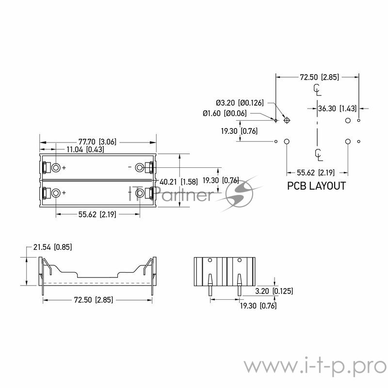 Батарейный отсек 2х18650 Li-ion (на плату)