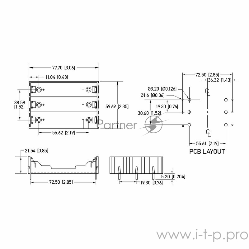 Батарейный отсек 3х18650 Li-ion (на плату)