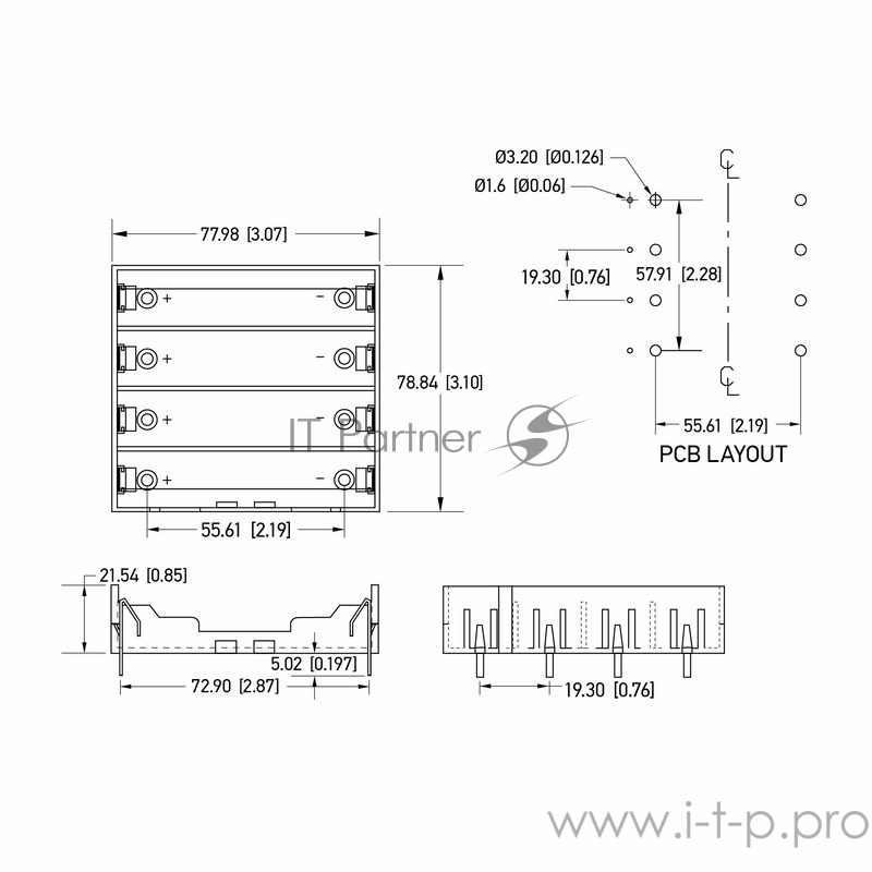Батарейный отсек 4х18650 Li-ion (на плату)