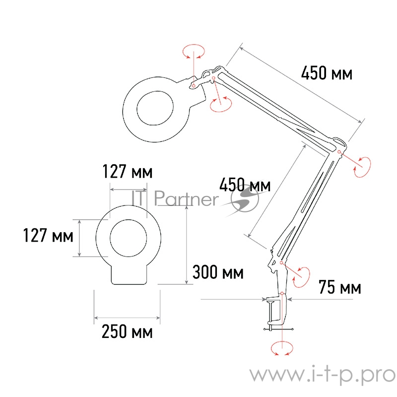 Лупа на струбцине REXANT, круглая, 5D, с подсветкой 56 SMD LED, черная