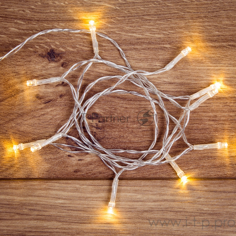 Гирлянда светодиодная универсальная 10 LED, 1,2 метра, прозрачный ПВХ, теплое белое свечение, батарейки 2хАА NEON-NIGHT