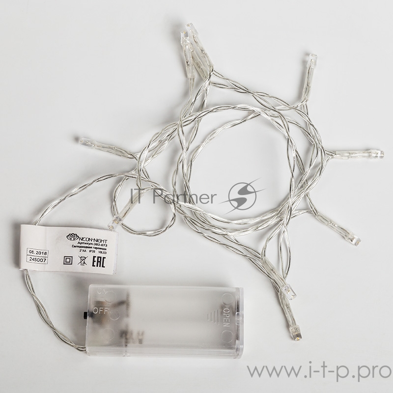 Гирлянда светодиодная универсальная 10 LED, 1,2 метра, прозрачный ПВХ, теплое белое свечение, батарейки 2хАА NEON-NIGHT
