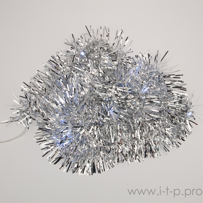 Гирлянда светодиодная «Мишура» серебряная 10 LED 1,5 м, прозрачный ПВХ, белый свет свечения, 2 х АА (батарейки не в комплекте) NEON-NIGHT