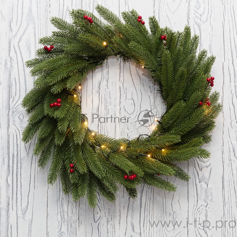 Еловый венок с ягодами и гирляндой NEON-NIGHT Ø 45 см, 20 LED, 2 х АА, литой, теплое белое свечение
