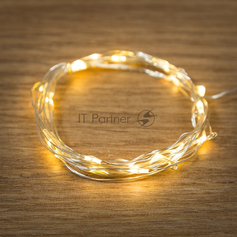 Гирлянда Роса, 2 м, 20 диодов, цвет теплый белый, тонкий батарейный блок