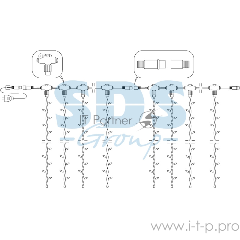 Гирлянда Светодиодный Дождь 2х6м, постоянное свечение, черный провод КАУЧУК, 230 В, диоды БЕЛЫЕ, 1500 LED