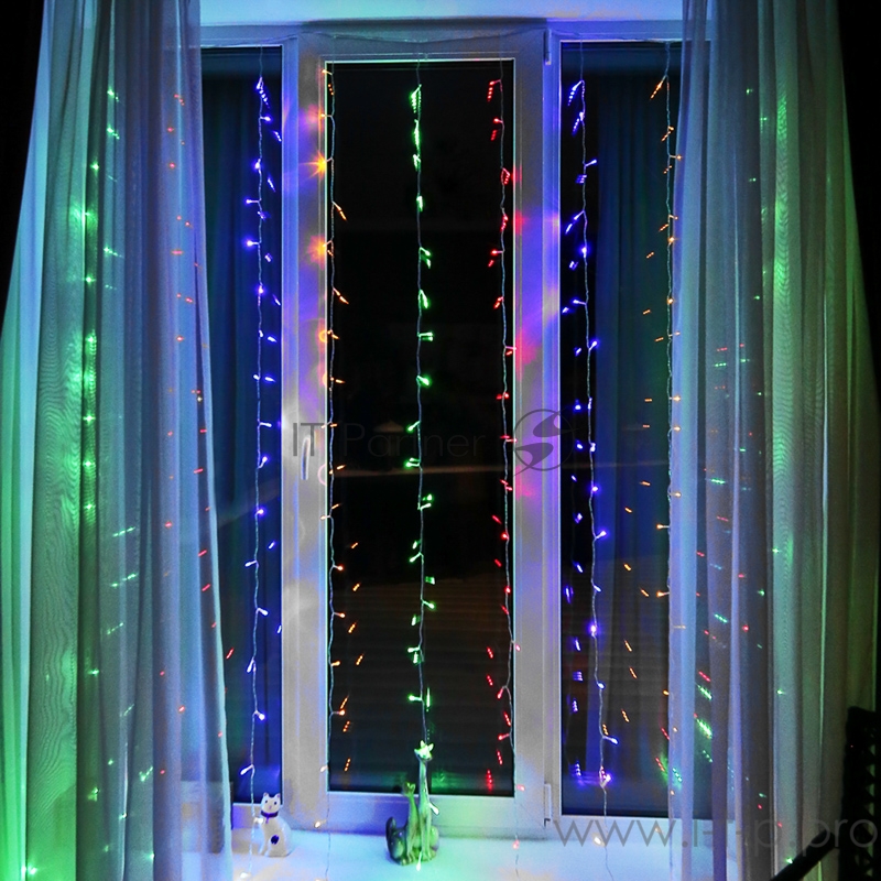 Гирлянда Светодиодный Дождь 2*3 м, свечение с динамикой, прозрачный провод, 230 В, диоды Мультиколор