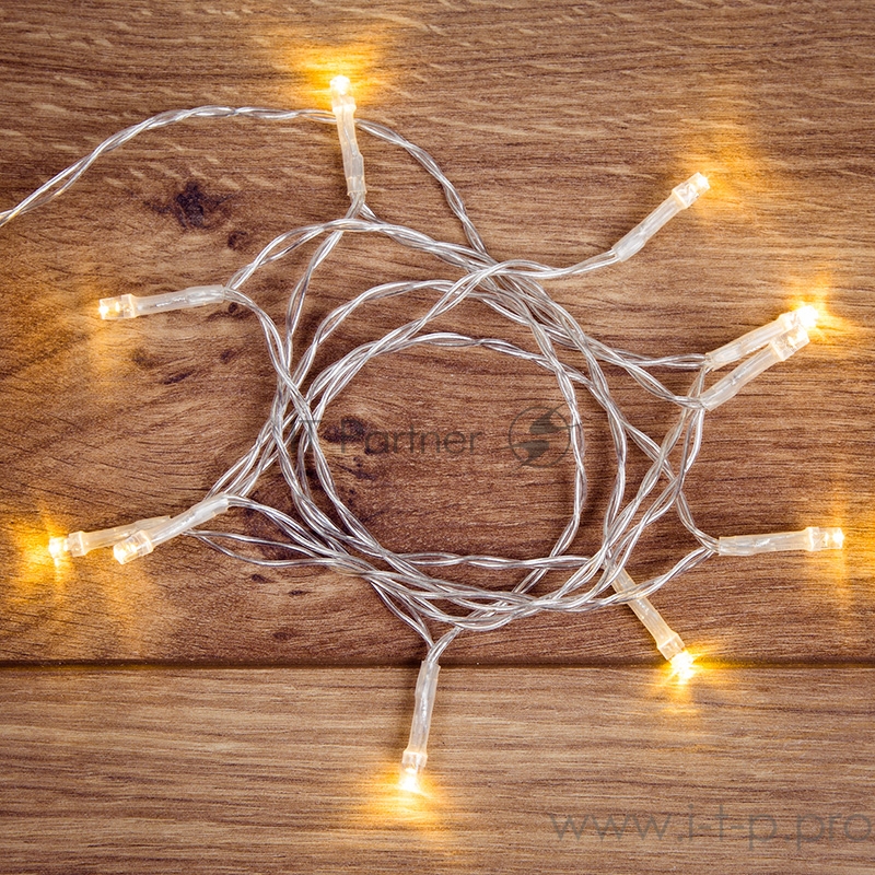 Гирлянда светодиодная универсальная 10 LED ТЕПЛЫЙ БЕЛЫЙ 1,5 метра, прозрачный ПВХ, питание 2*АА