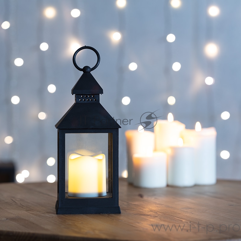 Декоративный фонарь со свечкой, черный корпус, размер 10.5х10.5х24 см, цвет ТЕПЛЫЙ БЕЛЫЙ