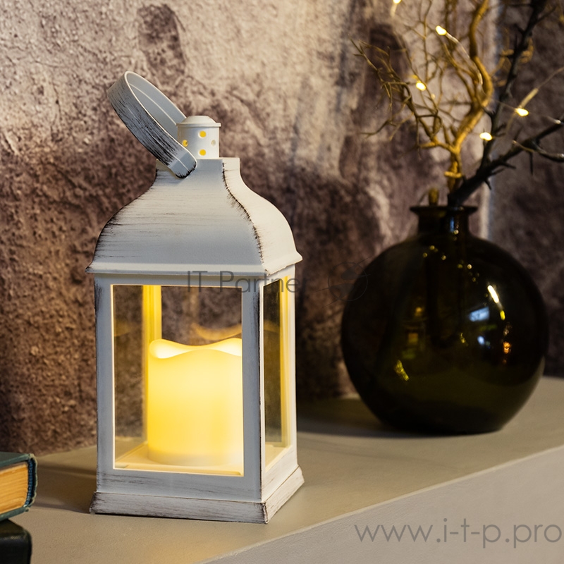Декоративный фонарь со свечкой, белый корпус, размер 10.5х10.5х22,35 см, цвет ТЕПЛЫЙ БЕЛЫЙ