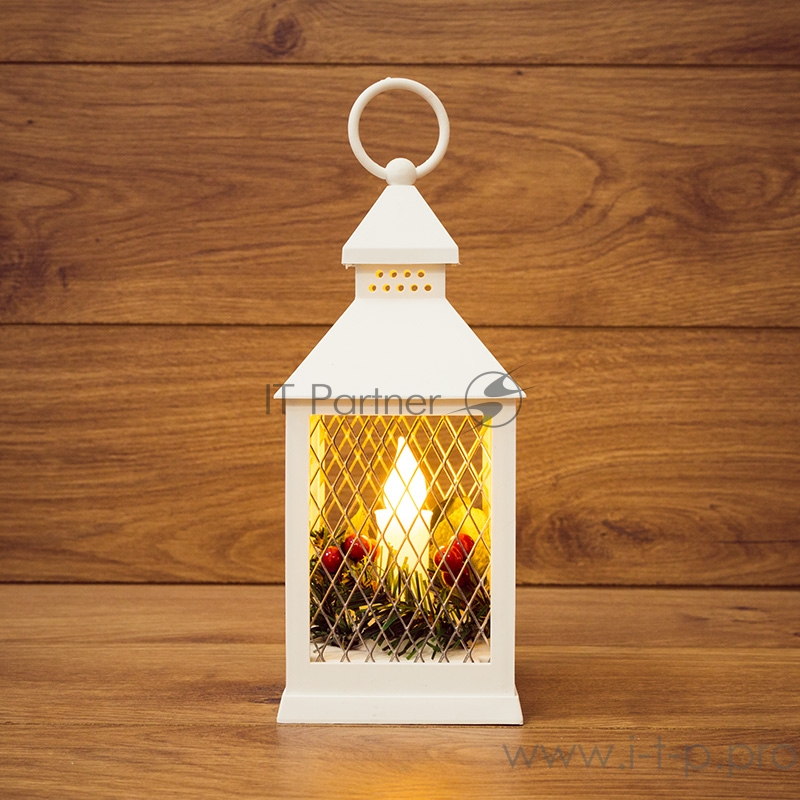 Декоративный фонарь со свечкой, белый корпус, размер 10.5х10.5х24 см, цвет ТЕПЛЫЙ БЕЛЫЙ