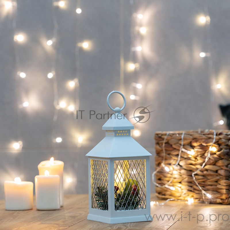 Декоративный фонарь со свечкой, белый корпус, размер 10.5х10.5х24 см, цвет ТЕПЛЫЙ БЕЛЫЙ