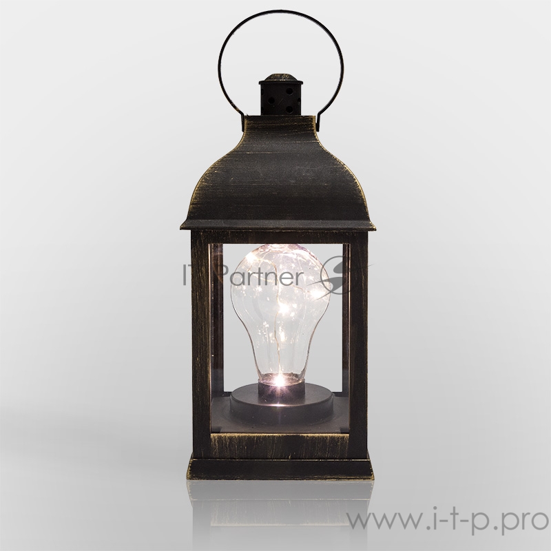 Декоративный фонарь с лампочкой, бронзовый корпус, размер 10.5х10.5х22,5 см, цвет ТЕПЛЫЙ БЕЛЫЙ