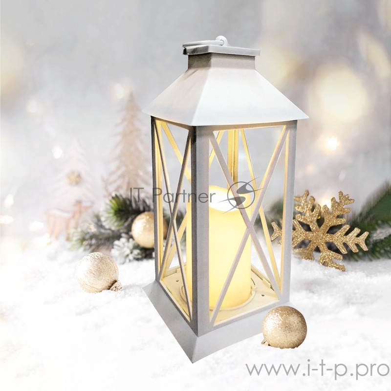 Декоративный фонарь со свечой 14x14x29 см, белый корпус, теплый белый цвет свечения NEON-NIGHT