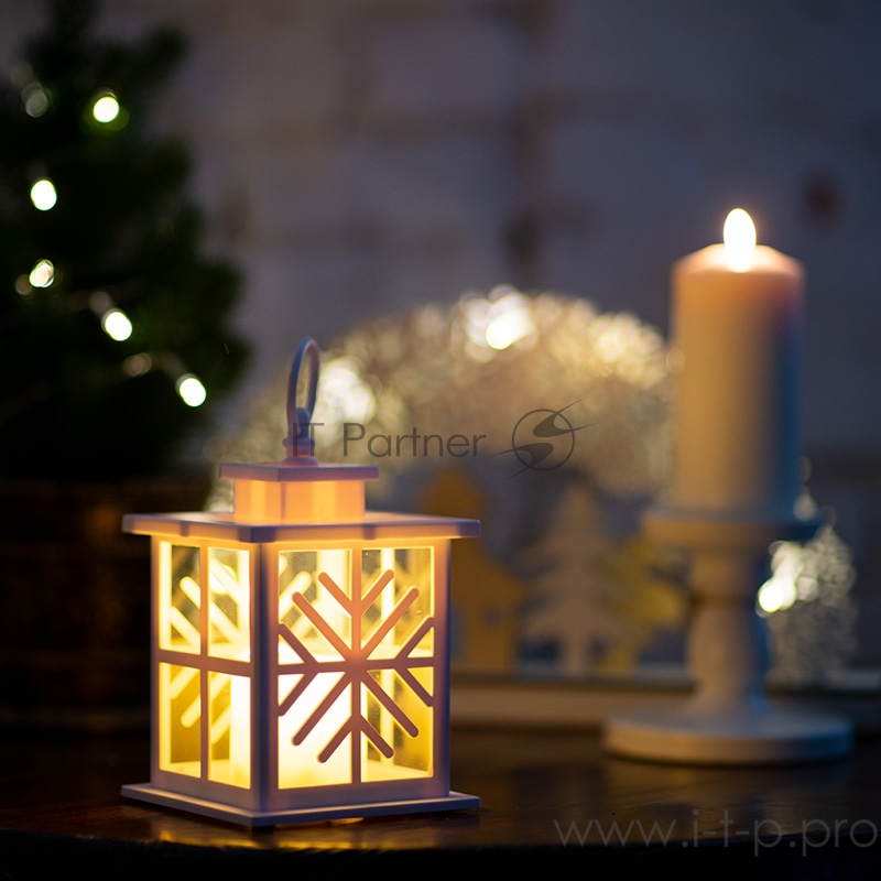 Декоративный фонарь со свечкой, белый корпус со снежинкой, размер 12х12х18 см, цвет теплый белый