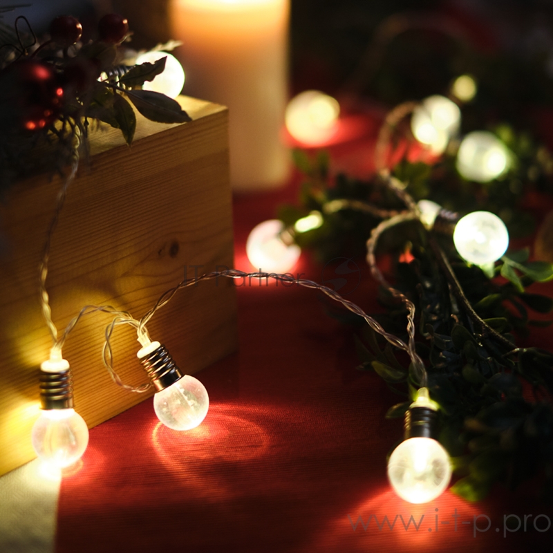 Гирлянда светодиодная «Лампочки» 10 LED, 1.5 м, прозрачный ПВХ, теплый белый цвет свечения, 2 х АА (батарейки не в комплекте) NEON-NIGHT